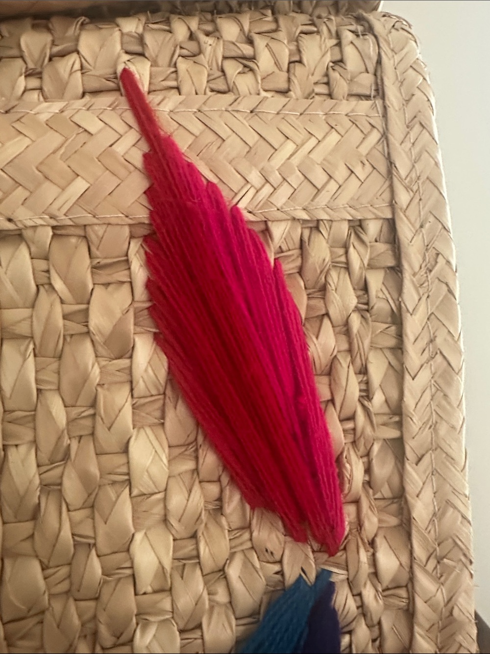 Vintage 60s 70s Mexican Hand Woven Straw Tote Bag Yarn Embroidered Boho - Picture 8 of 12